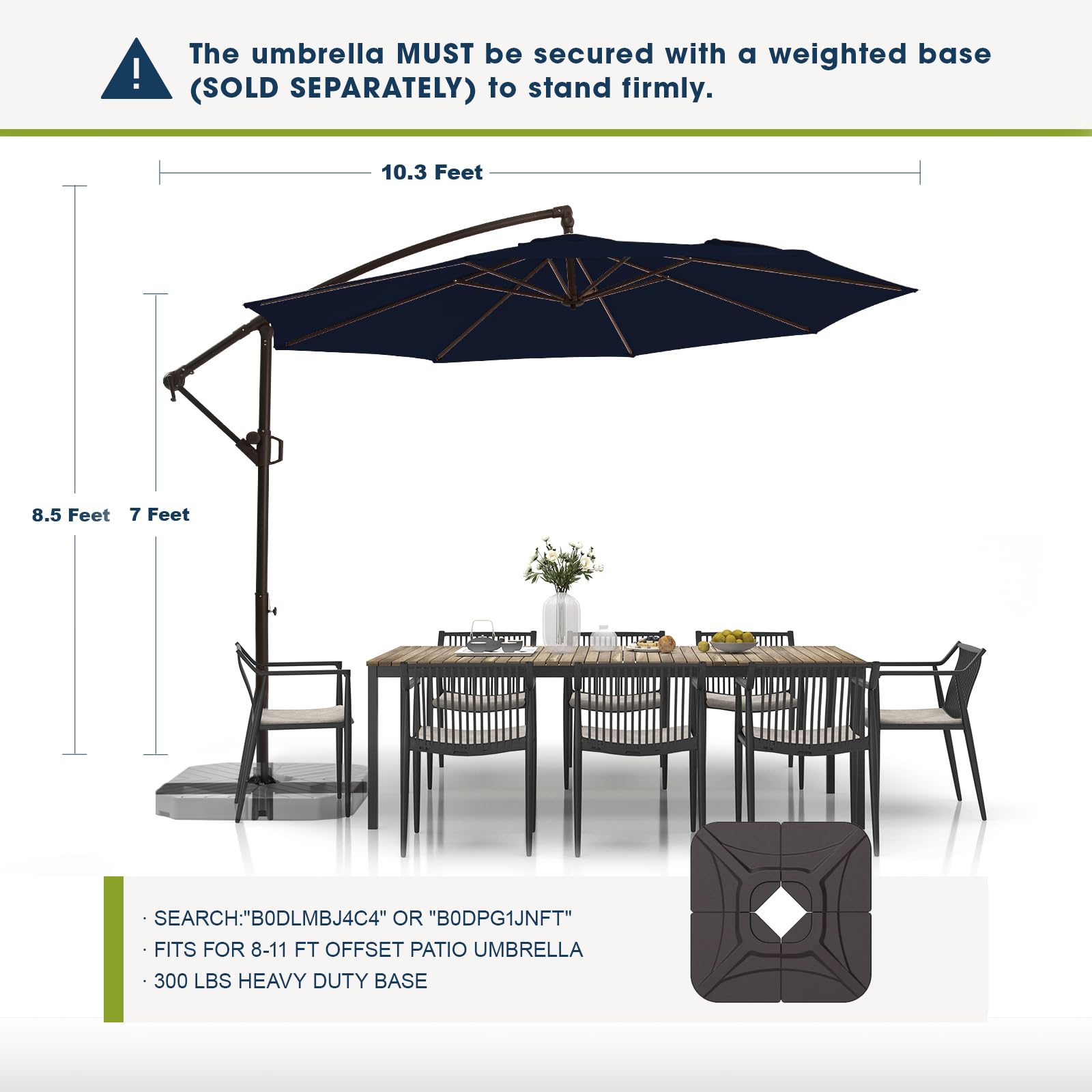 **WikiWiki 10ft Offset Patio Umbrella - Cantilever Outdoor Hanging Umbrella with Infinite Tilt, Fade & Waterproof Recycled Fabric Canopy, Heavy-Duty Cross Base - Perfect for Backyard, Garden, Deck, Poolside (Navy Blue)**