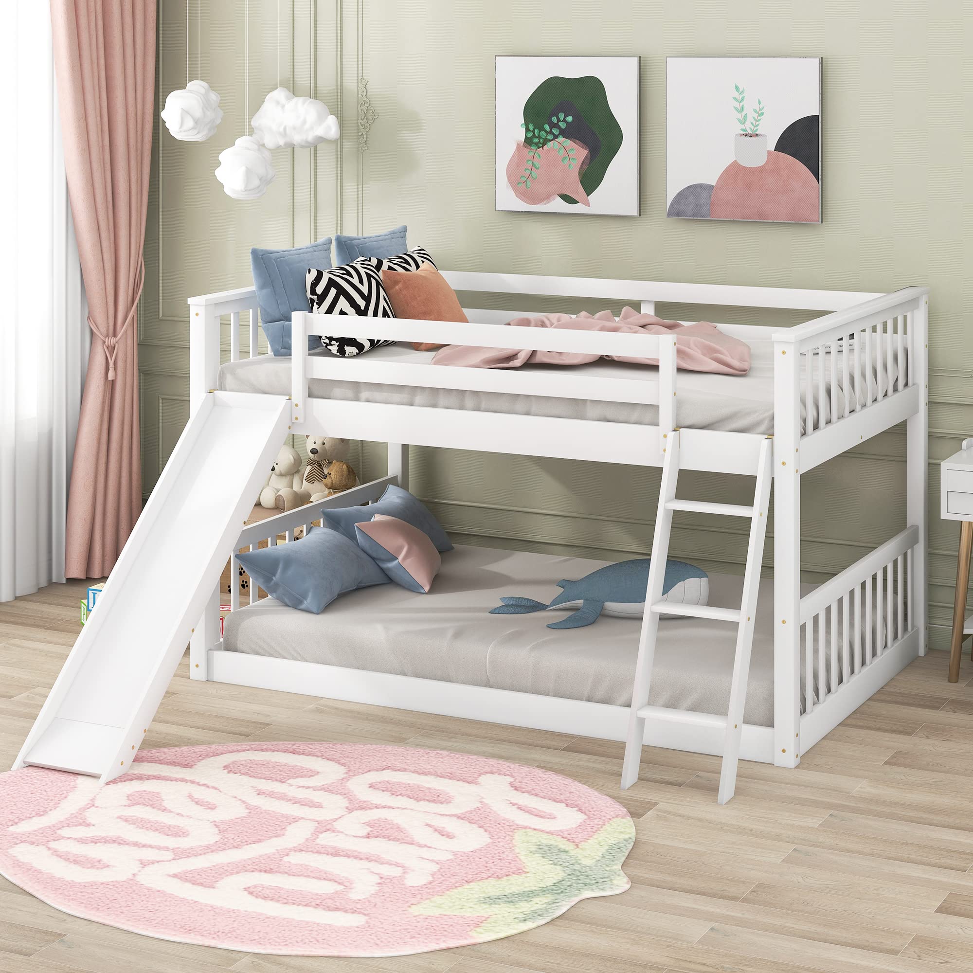 Low Bunk Bed Full Over Full for Kids & Teens - Convertible Wooden Bunk Bed with Slide & Angle Ladder - White Toddler Bunk Beds for Girls & Boys - Perfect for Small Bedrooms, Shared Kids' Rooms & Sleepovers