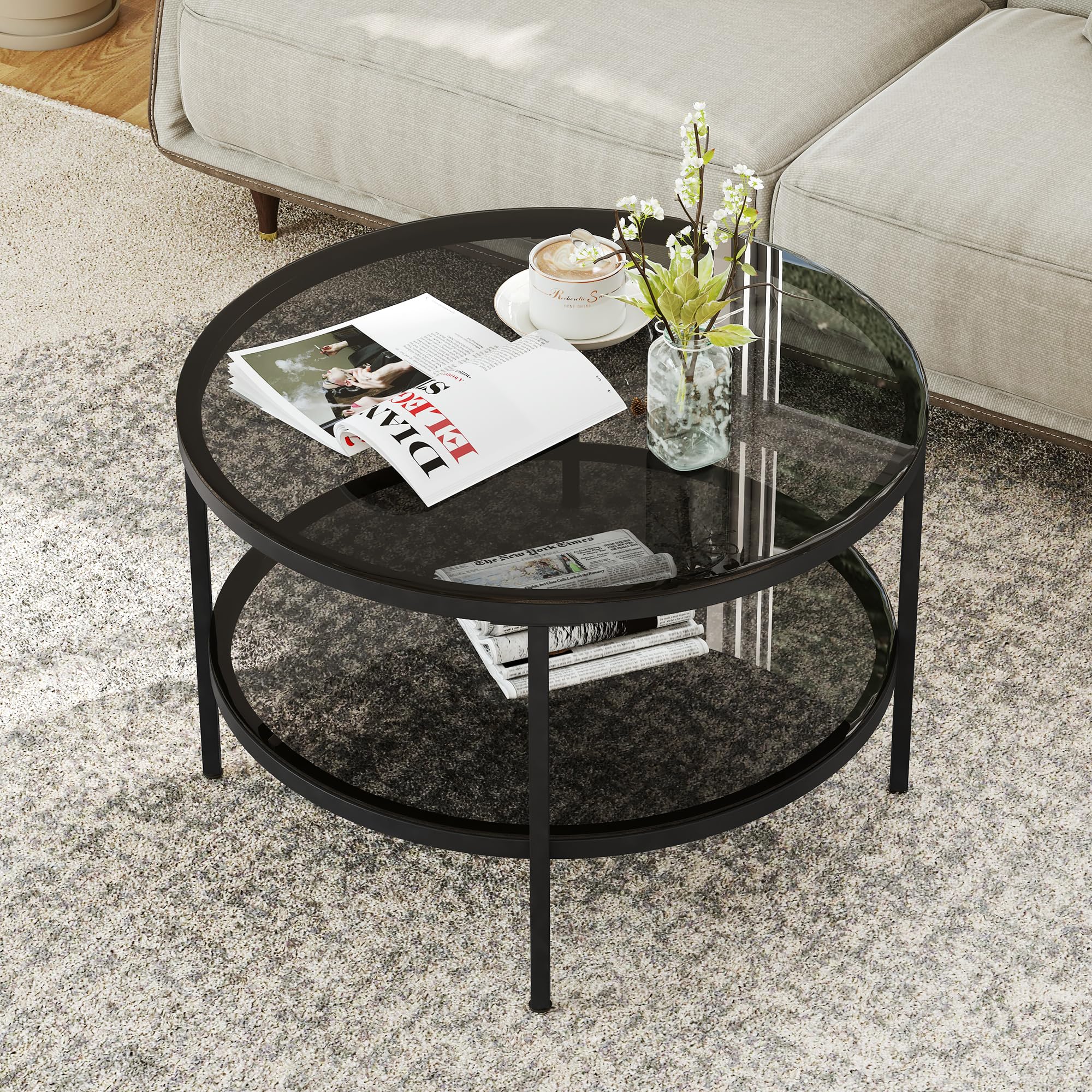 Modern Round Glass Coffee Table with Storage - 2-Tier Circle Living Room Center Table, 26