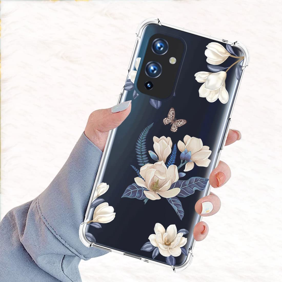 **Cute Clear Slim Shockproof TPU Case for OnePlus 9 5G LE2110 - Floral Design Protective Cover for Women & Girls (White Flower) | Perfect for Everyday Use, Work & Travel**