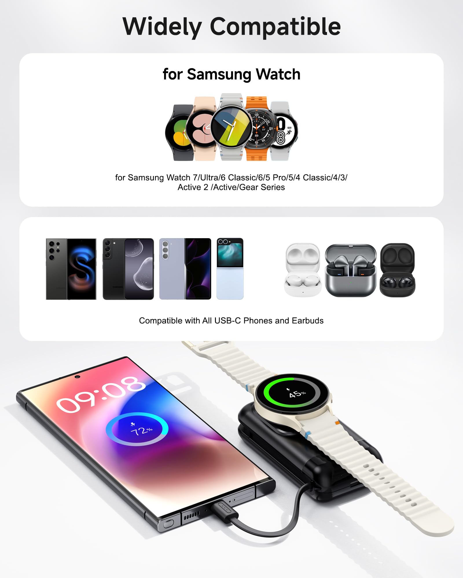 LeChivée 6000mAh Magnetic Portable Charger for Samsung Watch 7/6/5/4/Active 2/Ultra - Built-in Cable Fast Charging Power Bank for Galaxy Watch & Phone - Perfect for Travel, Workout, and Daily Use