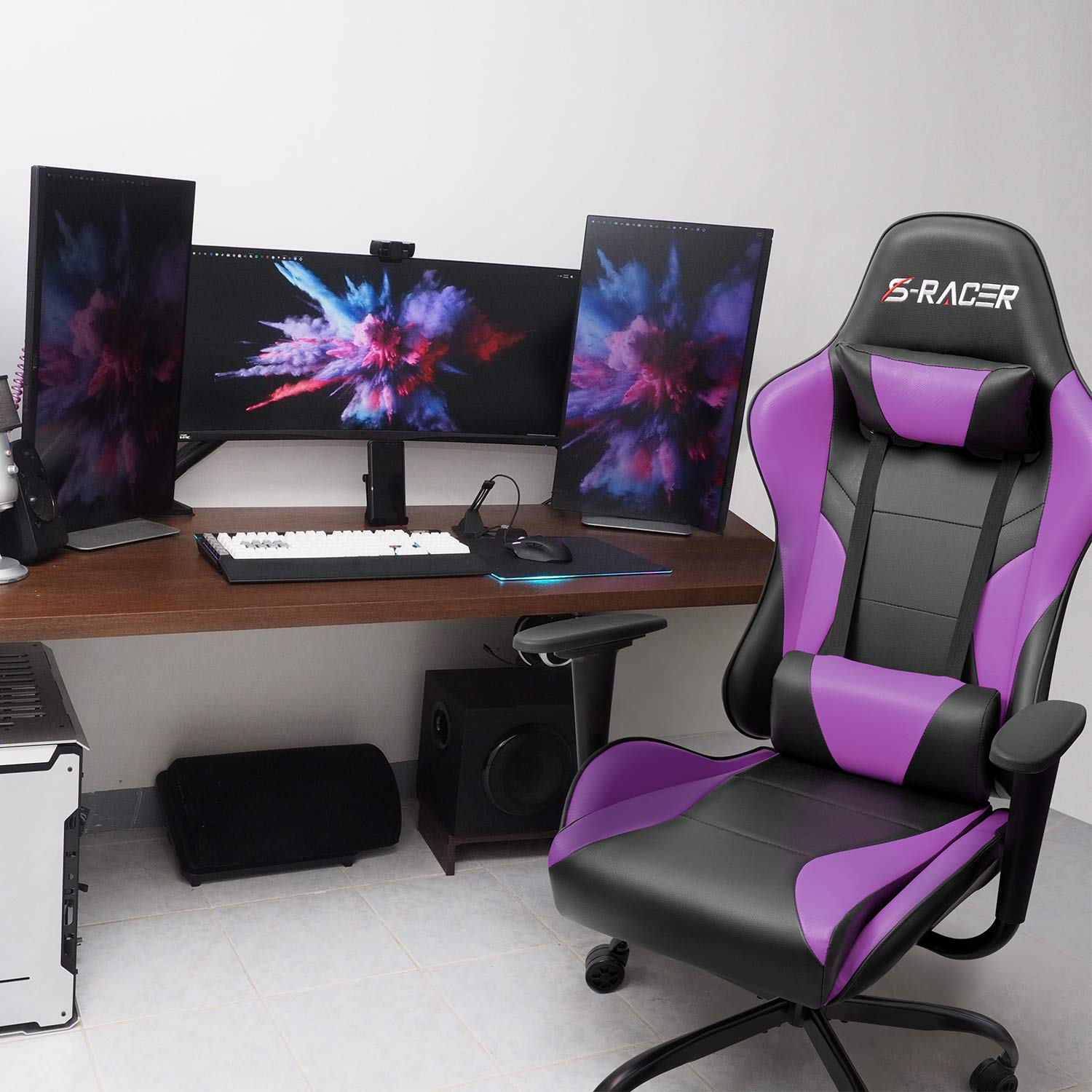 Homall High Back Gaming & Office Chair - Ergonomic PU Leather Racing Style Computer Desk Chair with Adjustable Height, Swivel & Headrest for Adults (Violet) - Perfect for Gaming, Home Office & Workspaces