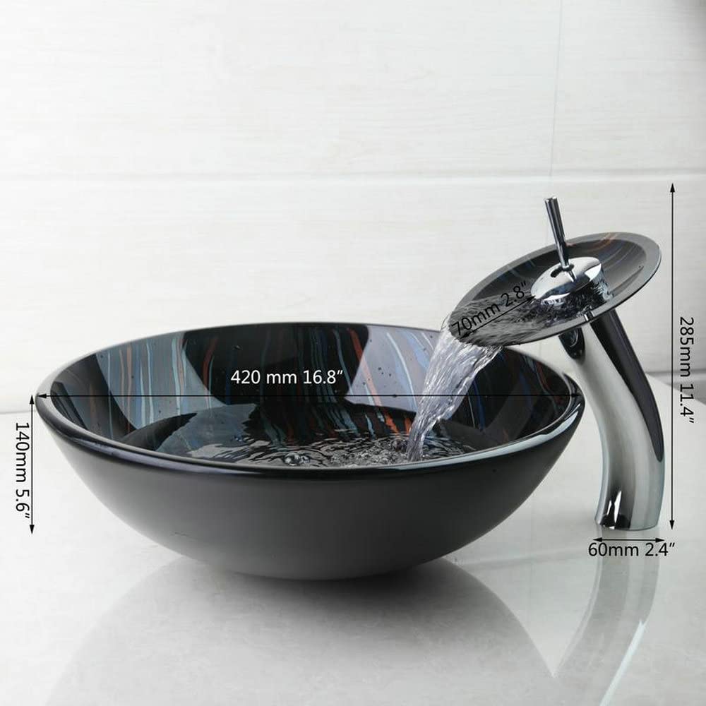 Black Sequin Glass Vessel Sink with Faucet and Pop-Up Drain - Modern Bathroom Vanity Sink Combo for Powder Rooms, Guest Baths & Luxury Home Decor