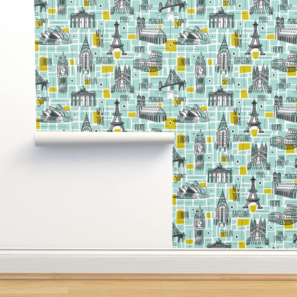 Removable Wallpaper 9ft x 2ft - Custom World Map Design with Paris & London Icons | Pre-Pasted Peel & Stick Wallpaper for Bedroom, Nursery, or Office Decor | Travel-Themed Wall Covering by Spoonflower