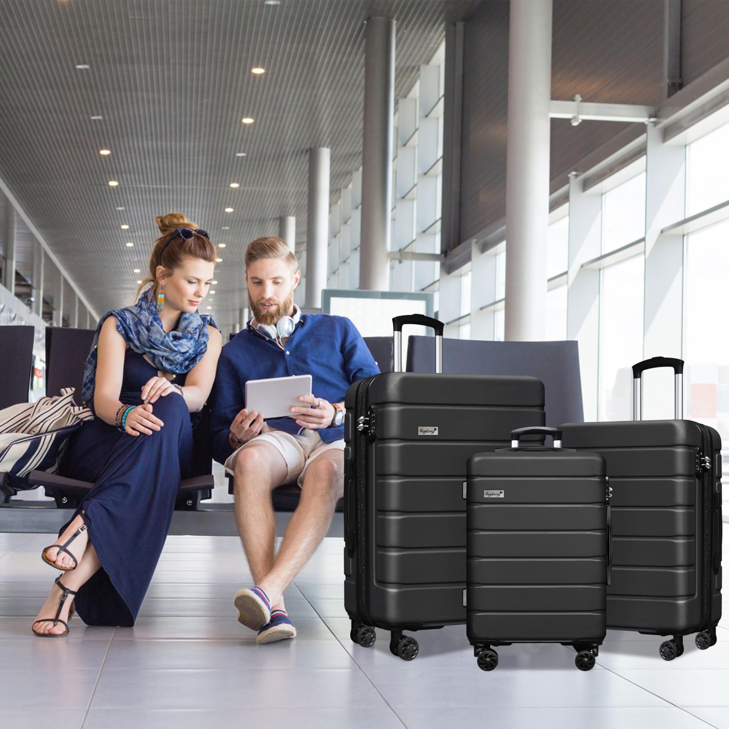 Lightweight Expandable 3-Piece Hardshell Luggage Set with Double Spinner Wheels & TSA Lock - 20in, 24in, 28in Carry-On Suitcases for Travel - Perfect for Family Vacations, Business Trips & International Adventures (Black)