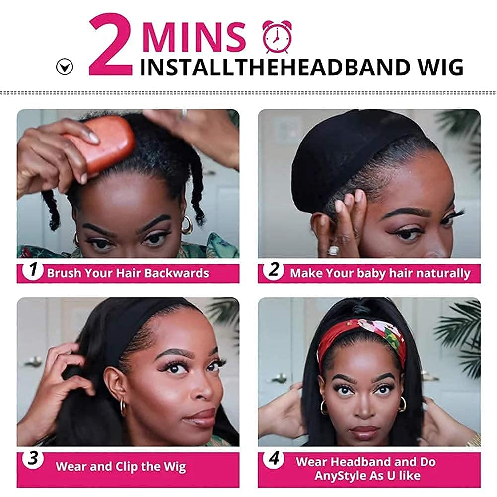 16 Inch Deep Wave Human Hair Headband Wig for Black Women - Glueless No Lace Front Real Hair Wig with Attached Headband - Natural Black Color - Perfect for Daily Wear, Parties & Protective Styling