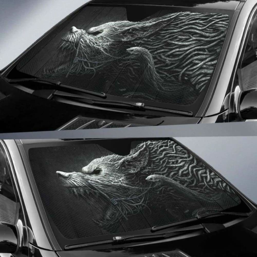 Black and White Hellhound Wolf Car Sun Shade - Universal Fit Windshield Sunshade for UV Protection & Heat Reduction | Perfect for Summer Parking, Road Trips, and Pet Safety