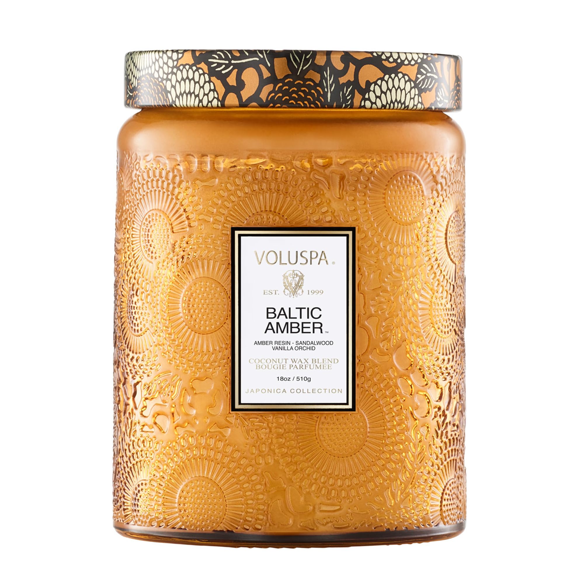 Voluspa Baltic Amber Large Candle Jar - 18 oz Coconut Wax Candle with 100-Hour Burn Time | Handcrafted in USA | Clean Burning Home Fragrance for Living Room, Bedroom & Bathroom Decor