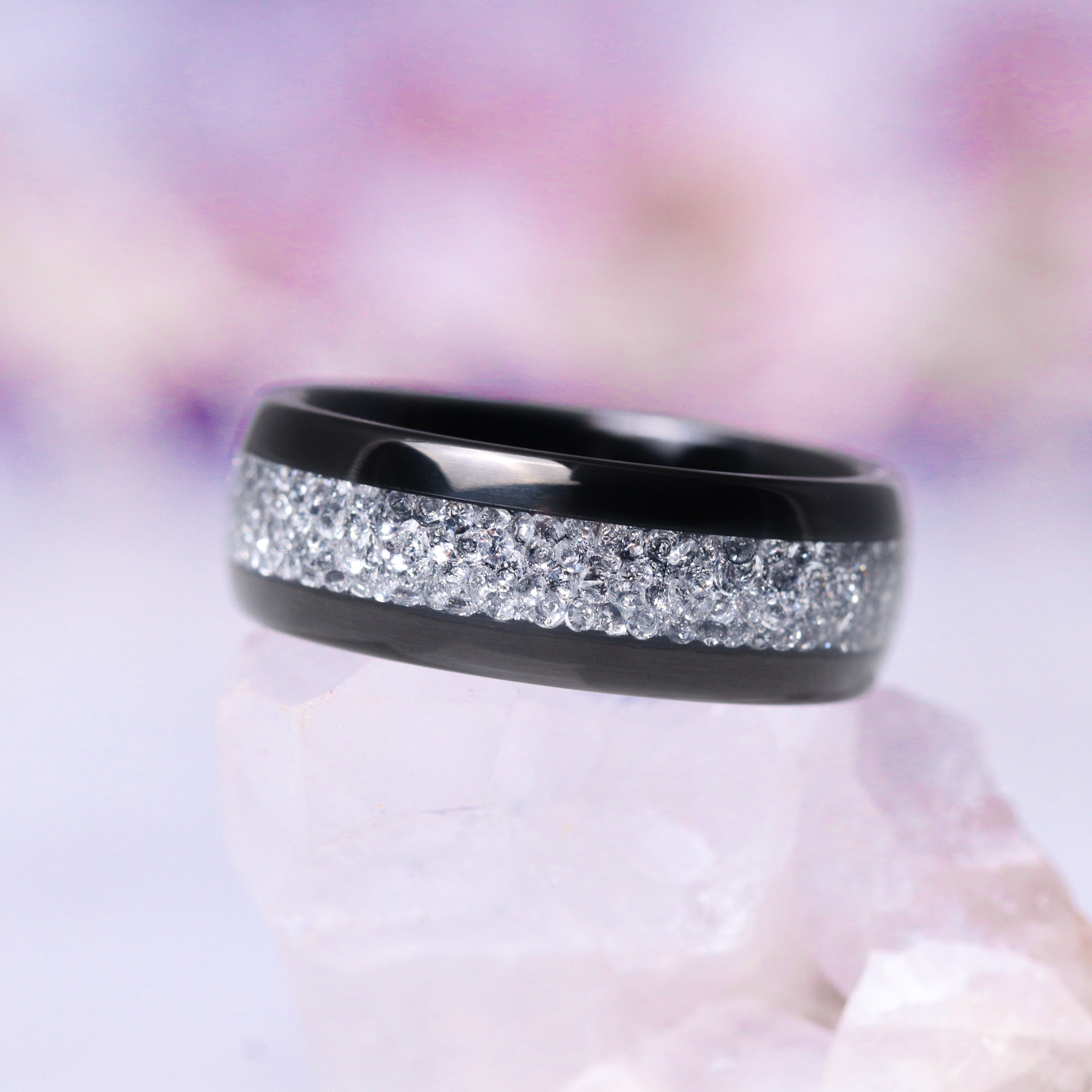 8MM Black Tungsten Wedding Band for Men - Crushed Diamond Inlay, Durable & Scratch-Resistant Ring - Perfect for Engagement, Anniversary, and Everyday Wear
