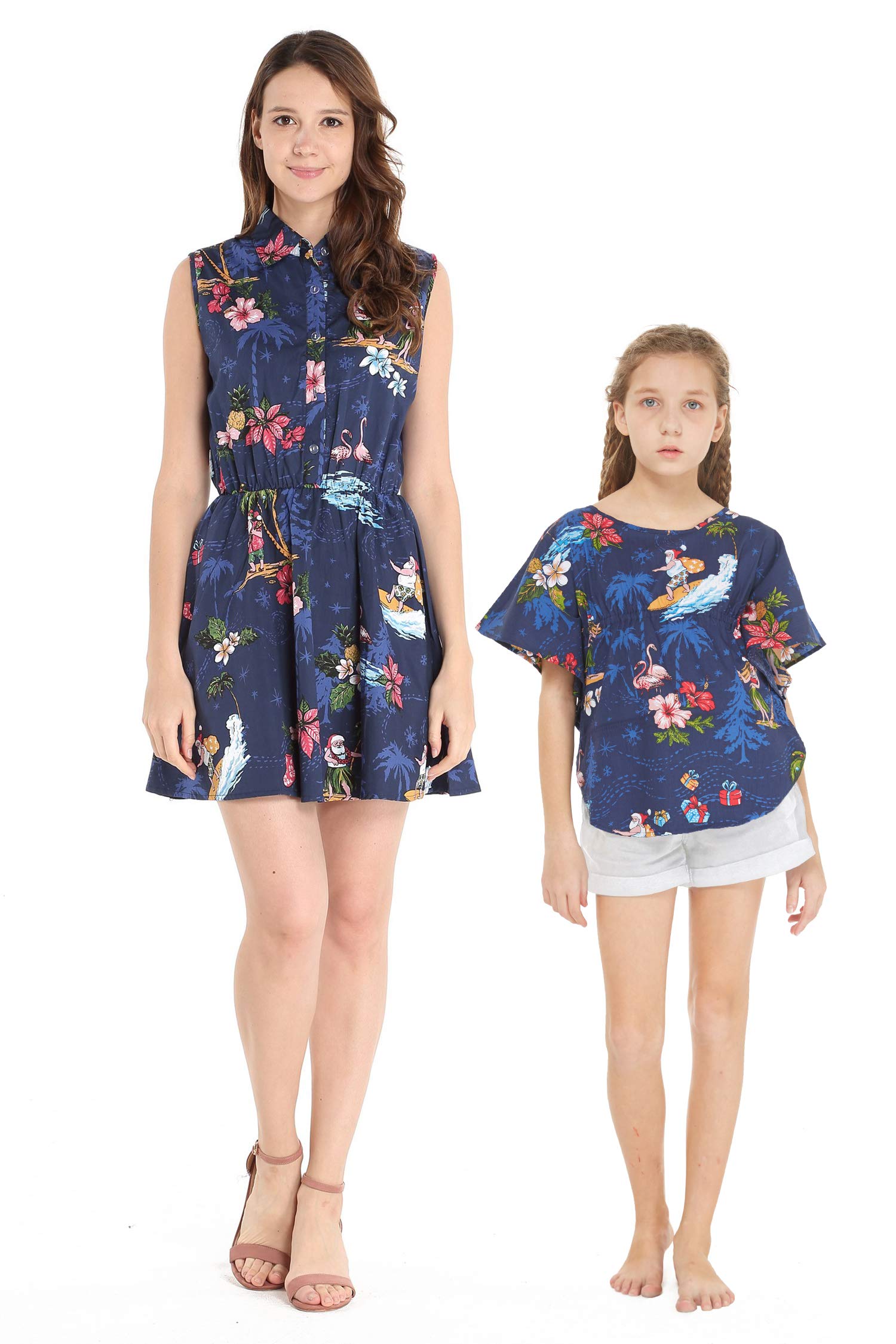 Santa in Hawaii Red Matching Mother Daughter Shirt Dress & Ponco Top - Perfect for Christmas Family Photos, Holiday Parties and Festive Outfits