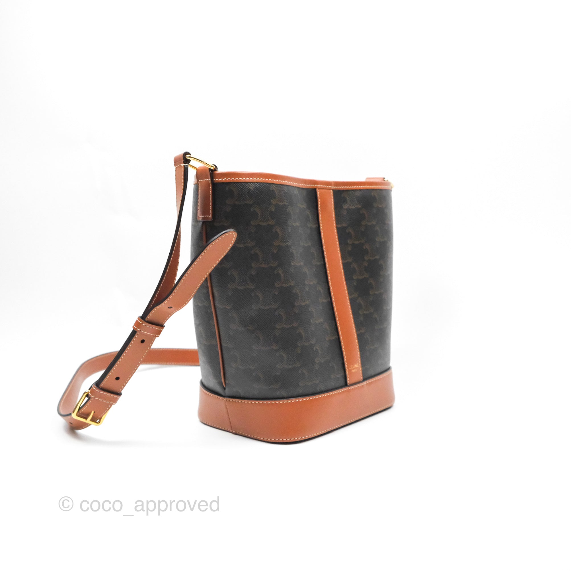 Celine Small Bucket Bag in Triomphe Canvas & Tan Calfskin Leather - Perfect for Everyday Use, Work & Travel