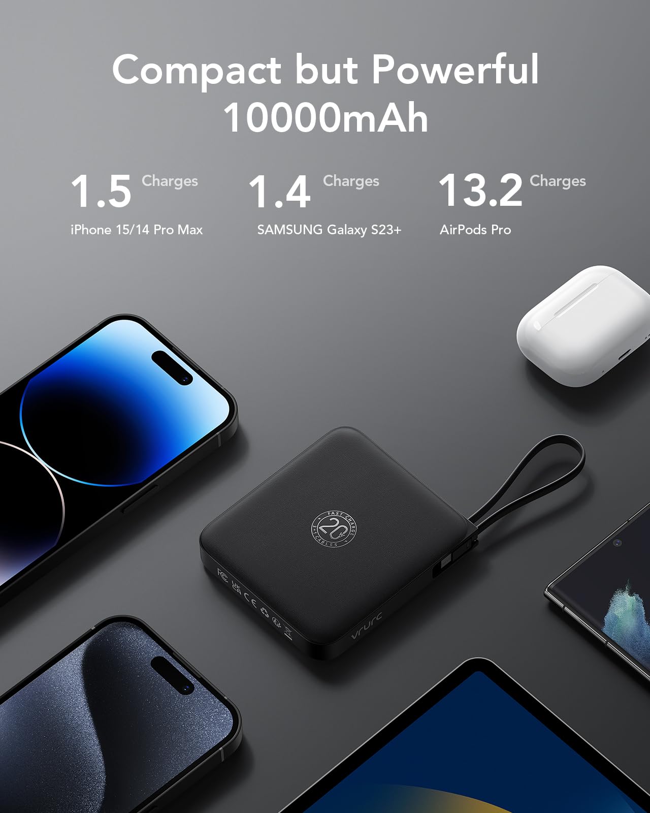 VRURC 10000mAh Portable Charger with Built-in USB C Cable - 22.5W Fast Charging Power Bank for iPhone 16/15/14, Samsung Galaxy S24/S23, Android Tablets - Compact External Battery Pack for Travel, Camping & Emergency Charging (Black, 1 Pack)