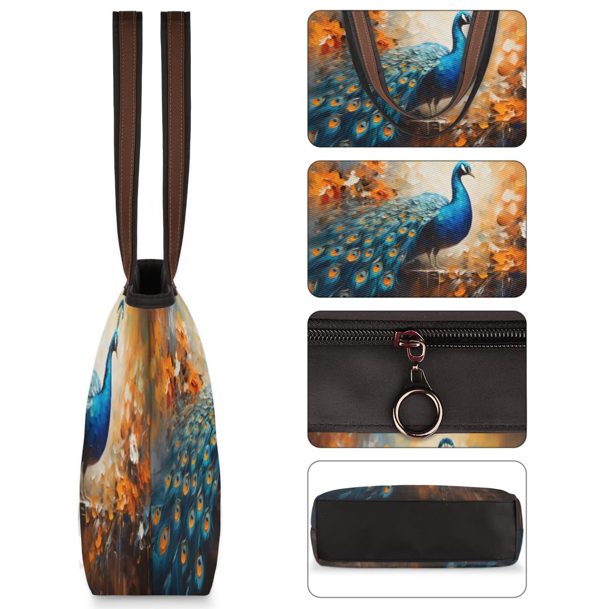 Stylish Peacock Floral Print Tote Bag for Women - Zippered Work & Travel Handbag - Perfect for Office, Commute, Beach & Shopping