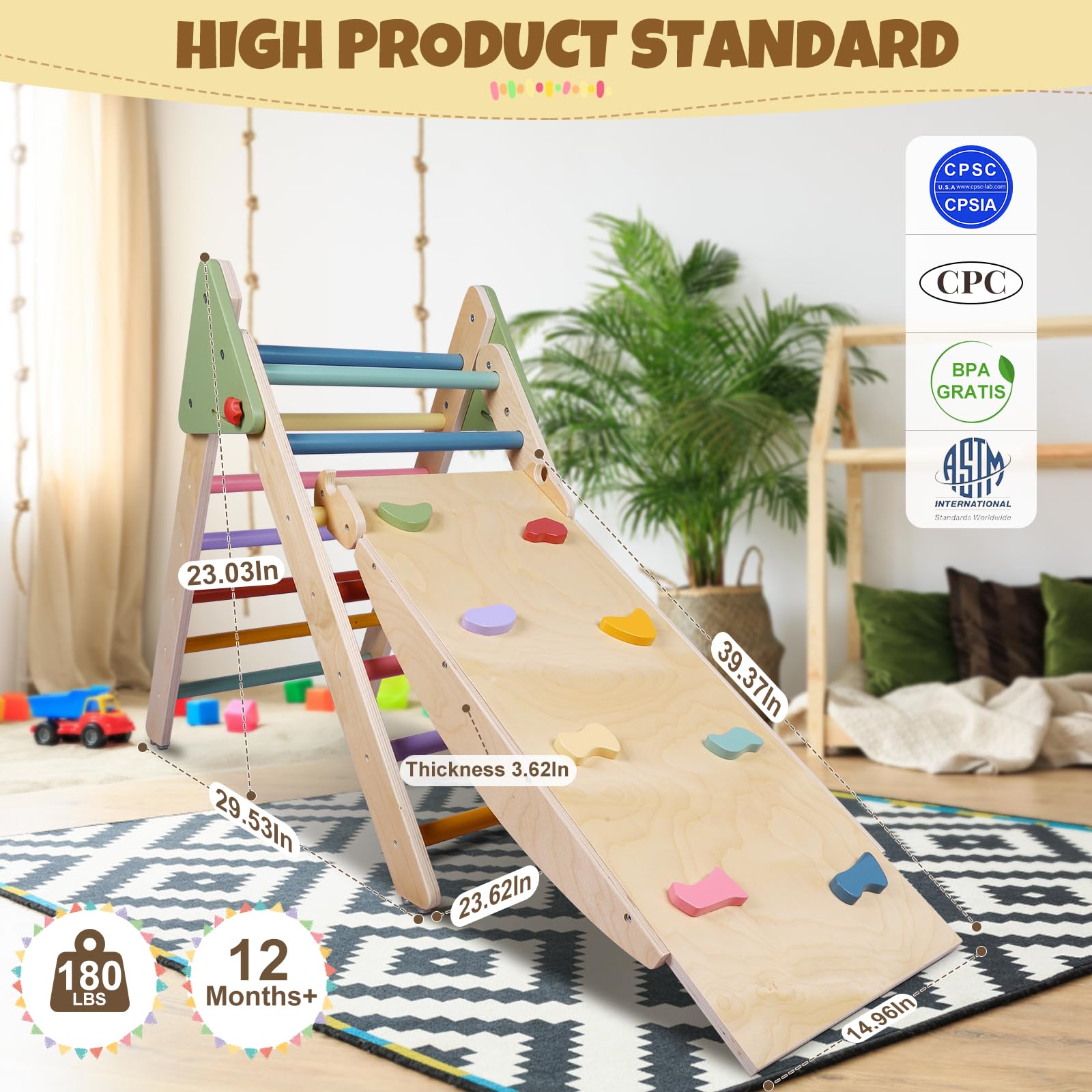 5-in-1 Montessori Wooden Climbing Set for Toddlers - Foldable Pikler Triangle, Reversible Slide & Indoor Play Gym - Safe Baby Climbing Toys for Home Playroom, Nursery or Daycare - Encourages Motor Skills Development
