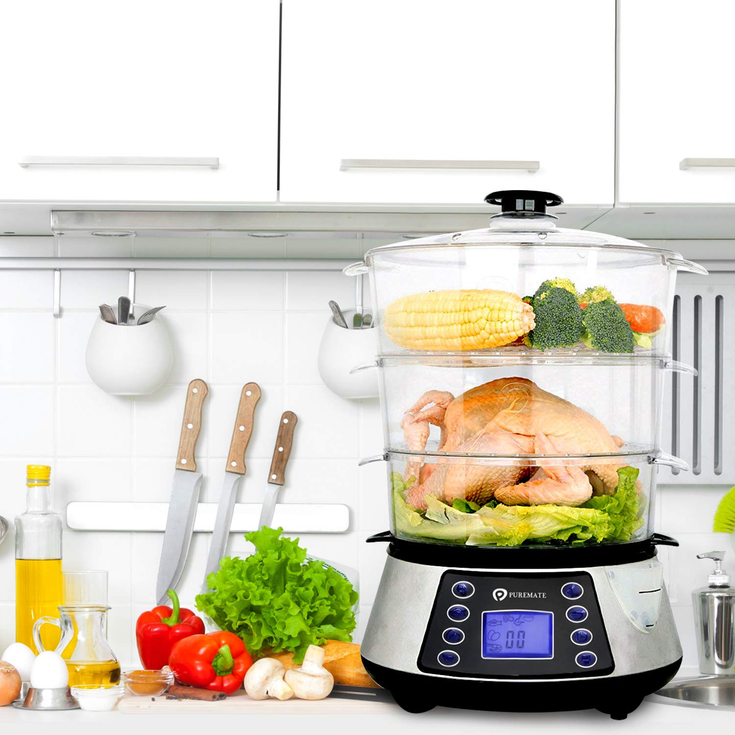 NaturoPure 11.5L Electric Food Steamer - 3-Tier Stainless Steel Steamer with 6 Preset Modes, 99-Minute Timer & 800W Power - Perfect for Healthy Cooking, Meal Prep & Rice Steaming (Includes Rice Bowl)