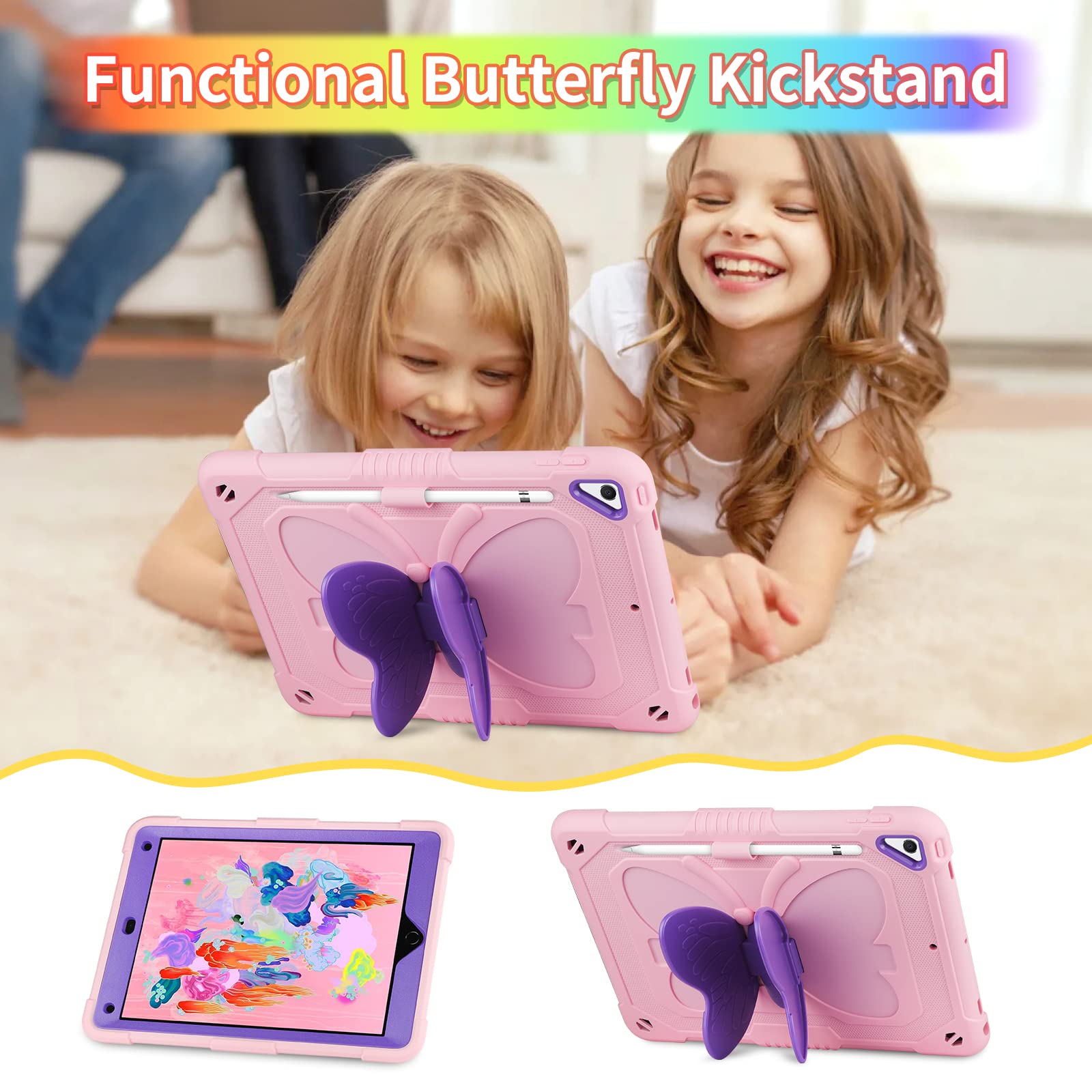 Premium Shockproof iPad 9.7 Case for 6th/5th Gen & Air 2 - Butterfly Kickstand, Screen Protector, Pencil Holder & Lanyard - Cute Pink & Purple Protective Cover for Girls & Kids - Perfect for School, Travel & Daily Use