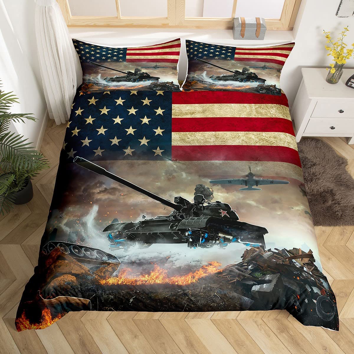 American Flag Duvet Cover Set - Military Theme Comforter Cover with Tank & Fighter Aircraft Design | Army Camouflage Bedding for Teen Boys, Adults & Men | 2-Piece Twin Size | Perfect for Patriotic Bedroom Decor & Veteran Gifts
