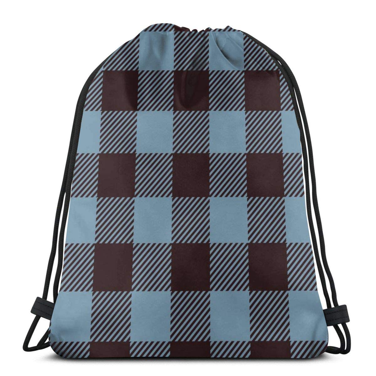 Blue Black Buffalo Plaid Drawstring Backpack - 17x14 Inch Sports Tote Bag for Travel, Gym & Storage | Unisex Cinch Sack for Men & Women | Perfect for School, Camping & Daily Use