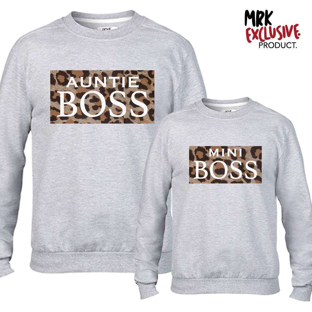 Trendy Leopard Print Slogan Sweater for Women - Auntie & Mini Boss Grey Pullover (MRK X) | Casual Outfit & Streetwear Fashion
