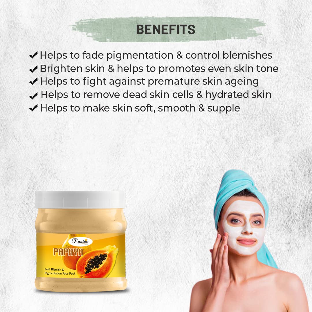 Luster Papaya Face Mask for Glowing Skin - Anti-Blemish & Pigmentation Treatment - Brightening Facial Complexion - Tan Removal - Paraben & Sulfate Free - 500g | Perfect for Daily Skincare Routine & Post-Sun Care