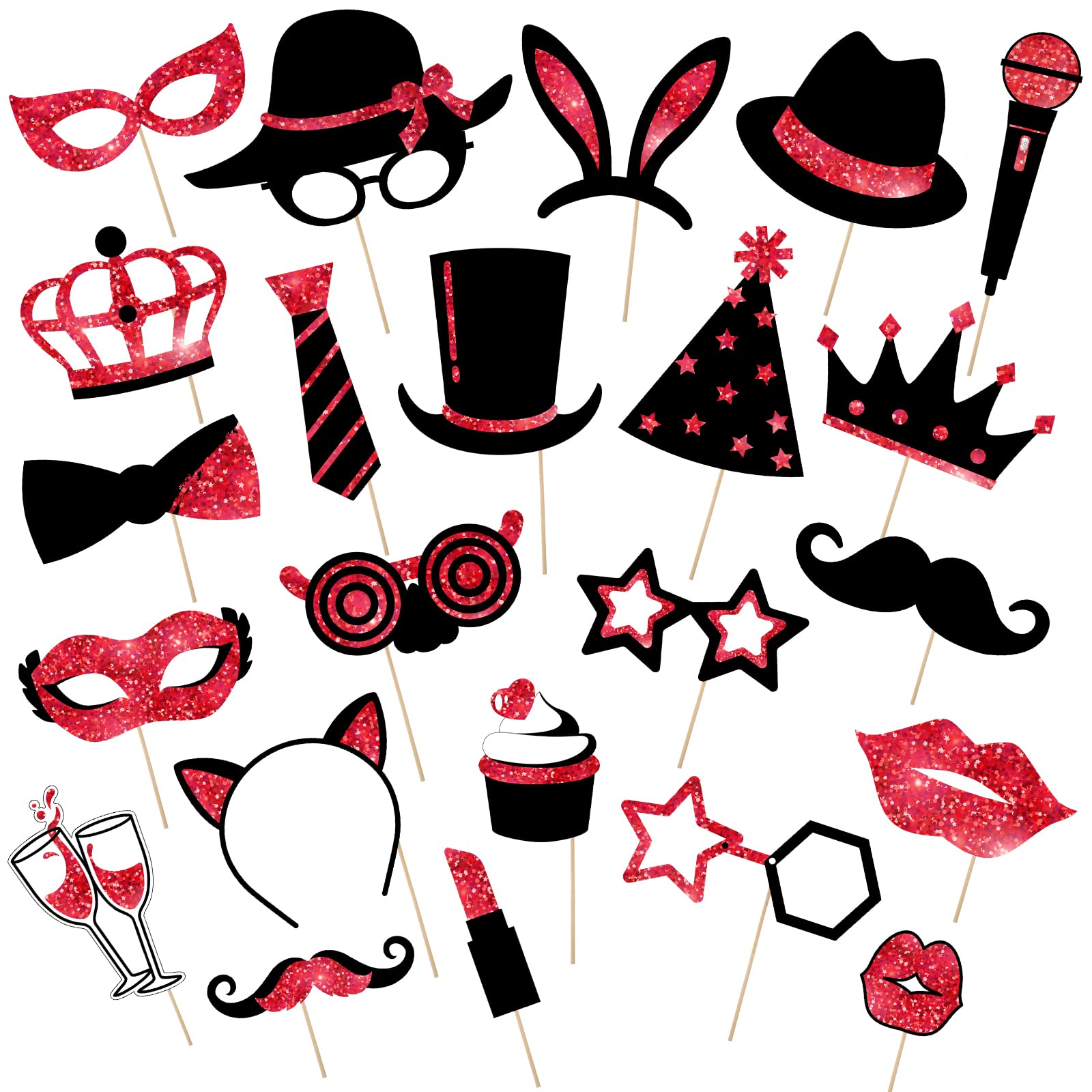 Zonon 24-Piece Funny Photo Booth Props Kit - Hats, Lipstick, Ties & Crowns for Birthday, Wedding, Graduation, Prom, Disco & Mardi Gras Parties (Red & Black) - Perfect for Social Media Photos & Event Entertainment