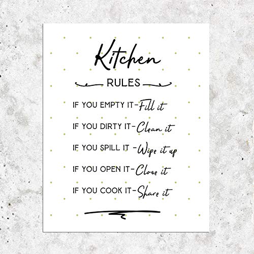 Kitchen Rules Sign - 8x10 Inch Shimmer Art Paper Wall Decor - Funny Kitchen Poster & Unique Housewarming Gift - Perfect for Home, Office, or Restaurant Decoration