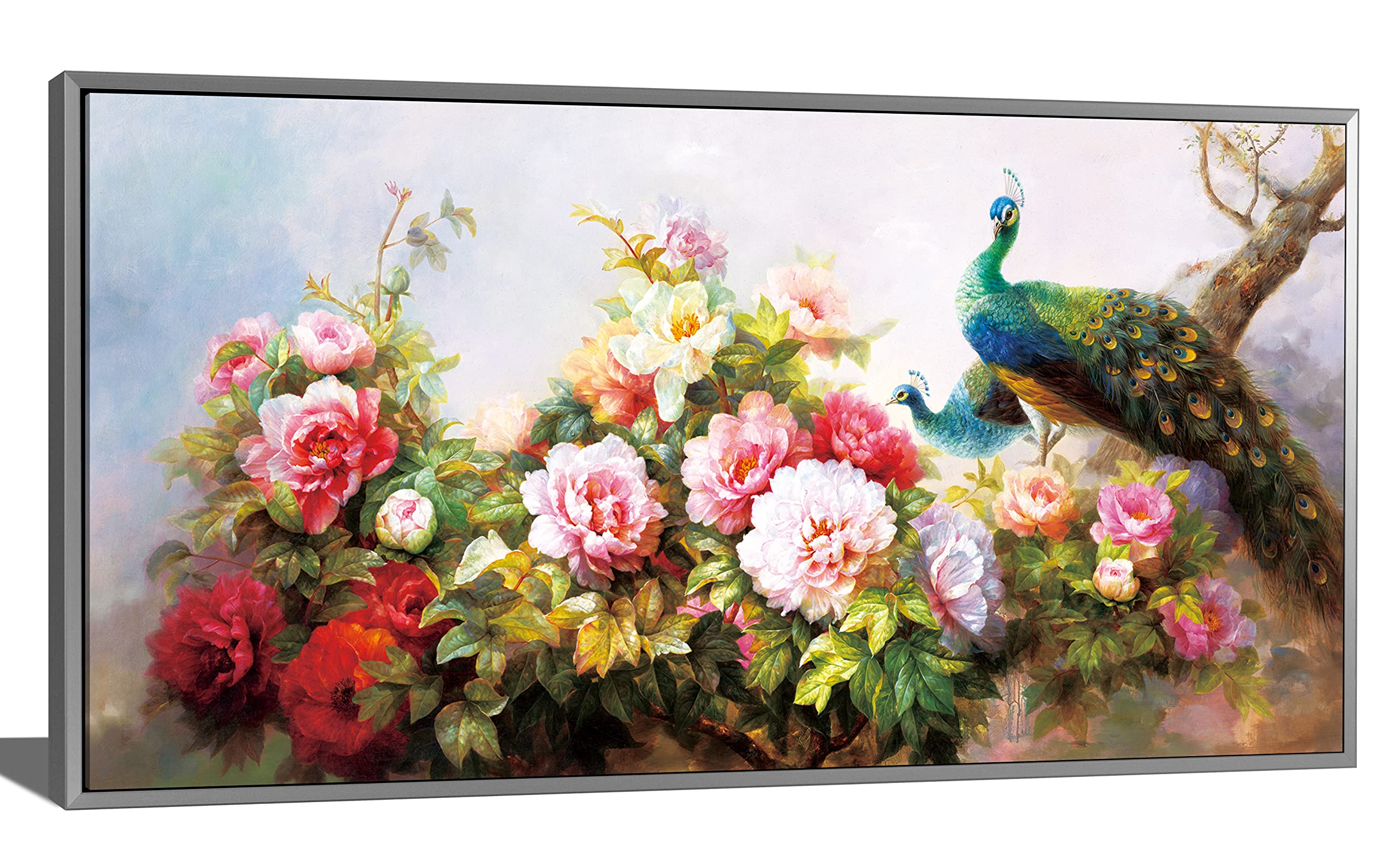 3D Printed Peacock Wall Art Decor - Hand Painted Peony Flower Oil Painting, Elegant Animal Mural for Modern Home (16x32 Inch) | Perfect for Living Room, Bedroom & Office Wall Decor