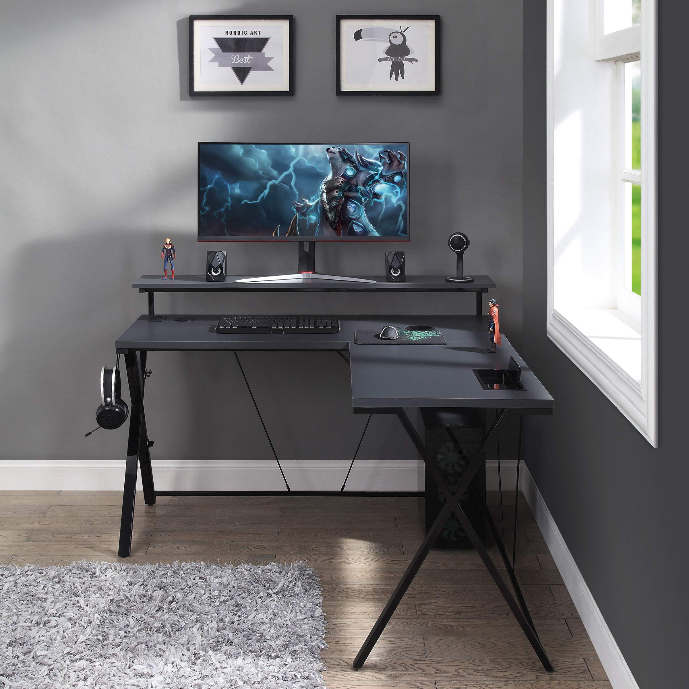 OSP Home Furnishings L-Shaped Gaming Desk with RGB LED Lights - Ergonomic Computer Desk for Gamers & Streamers, Black | Perfect for Gaming Setups, Home Office & Esports Battlestations