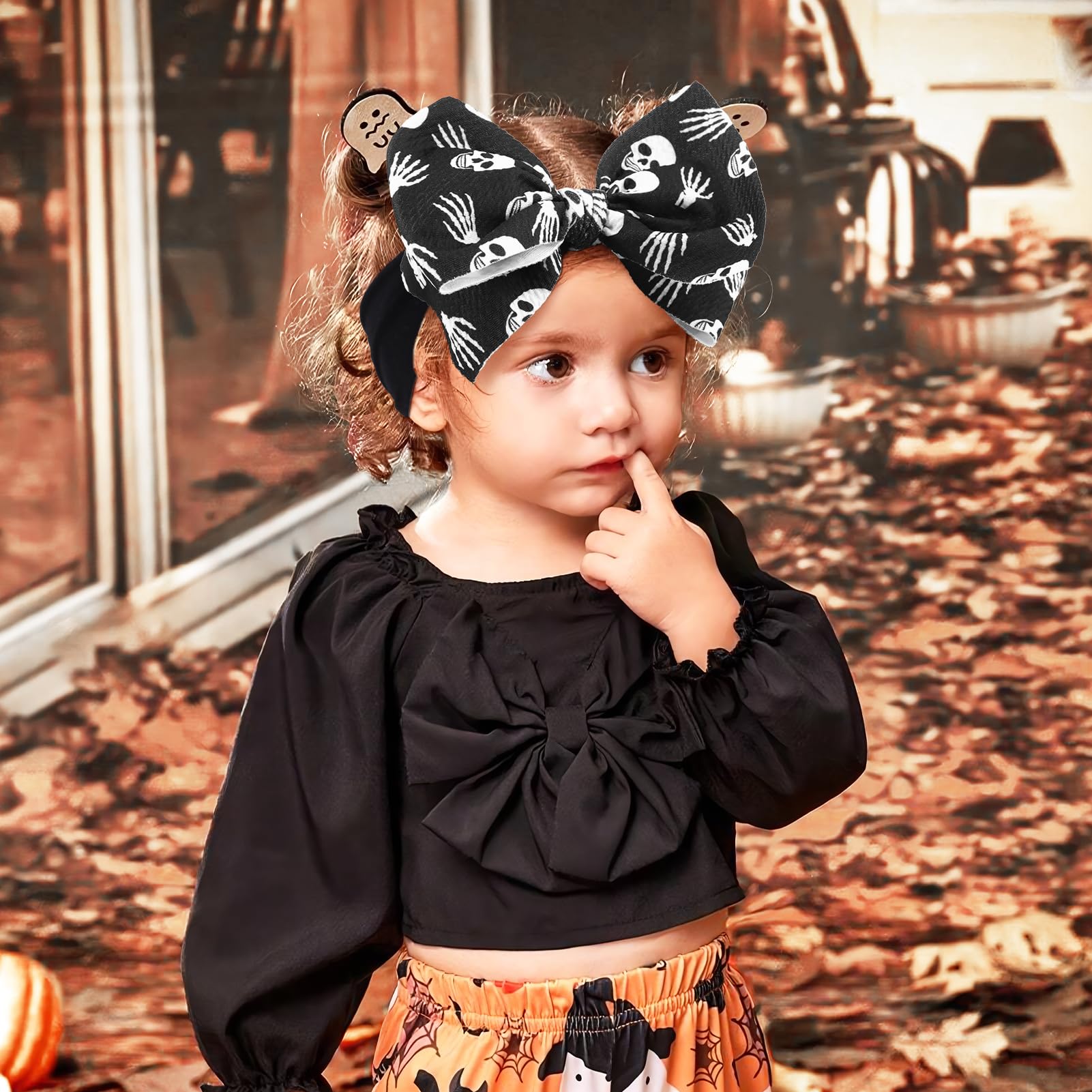 Halloween Hair Bows for Baby Girls - Pumpkin & Black Ghost Printed Headbands | Soft Nylon Hair Accessories for Newborns & Toddlers | Perfect for Halloween Costumes, Photo Shoots & Party Outfits