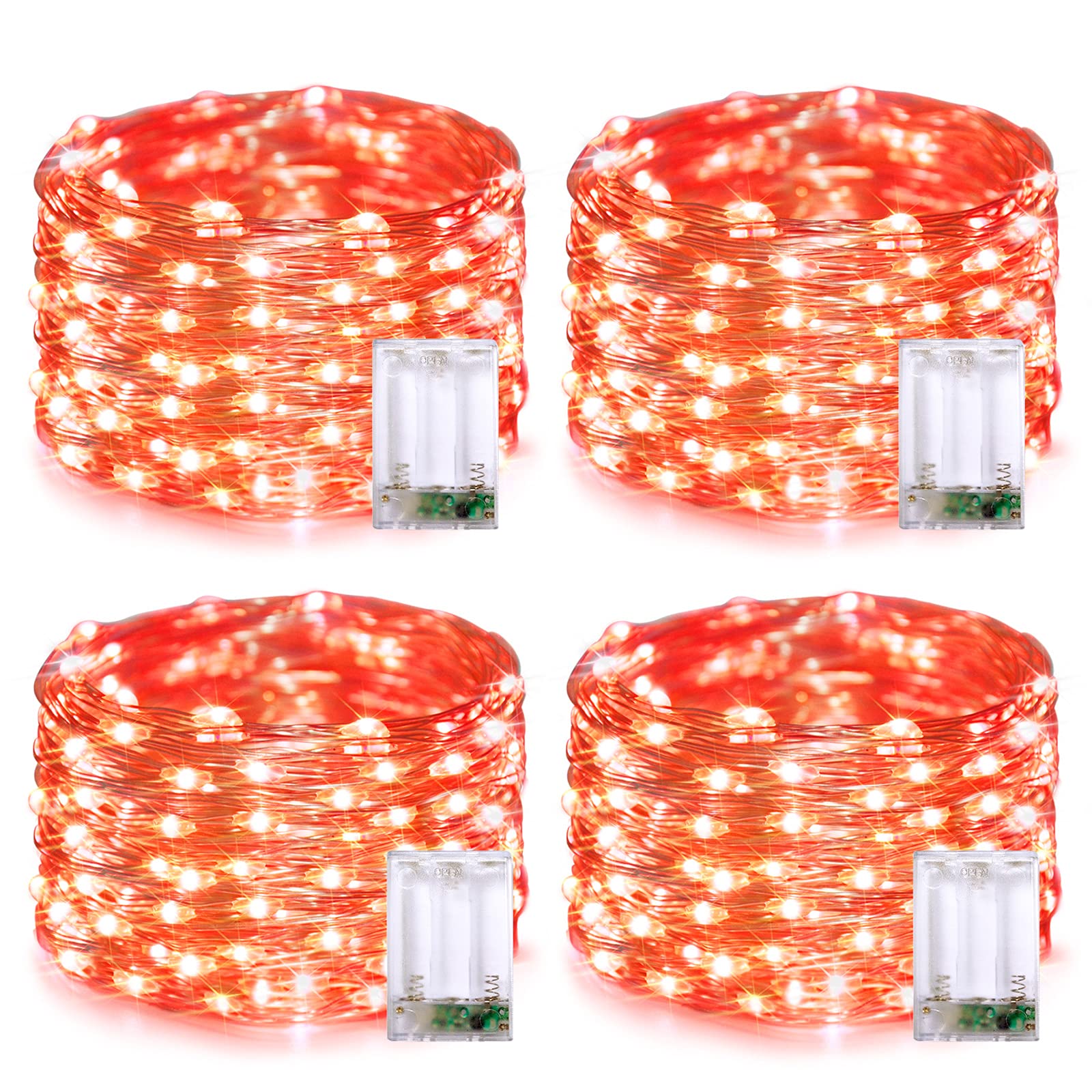 JMEXSUSS 4 Pack 50 LED Christmas Fairy Lights Battery Operated - 16.1ft Orange String Lights, Waterproof Mini Lights for Indoor Outdoor Decor - Perfect for Bedroom, Party, Halloween, Christmas, Wedding, Garden & Patio Decorations