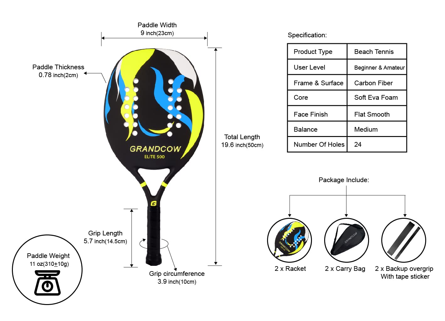 Premium Carbon Fiber Beach Tennis Paddle Racket with EVA Memory Foam Core - Lightweight & Durable for Outdoor Sports, Beach Games, and Padel Tennis Practice