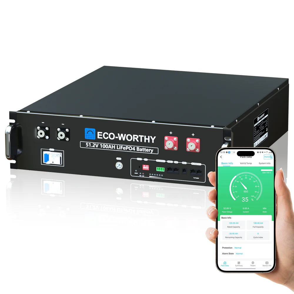 ECO WORTHY 51.2V 100Ah LiFePO4 Lithium Battery with Bluetooth & WiFi - Solar Energy Storage, RV, Marine, Off-Grid Power Supply