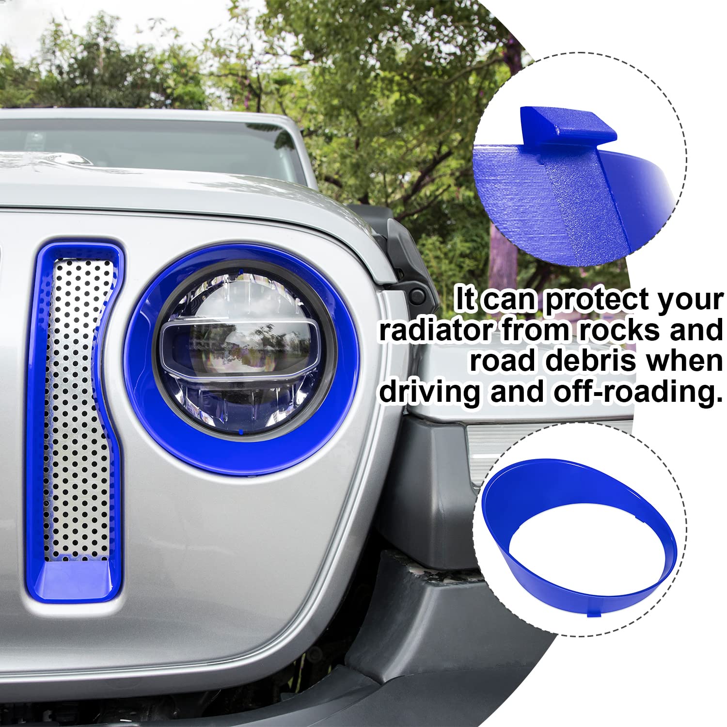 Bonbo Mesh Grille Grill Insert & Headlight Turn Signal Cover Trim - Exterior Accessories for 2018-2023 Jeep Wrangler JL Sport (Blue) | Off-Road Protection & Stylish Upgrade