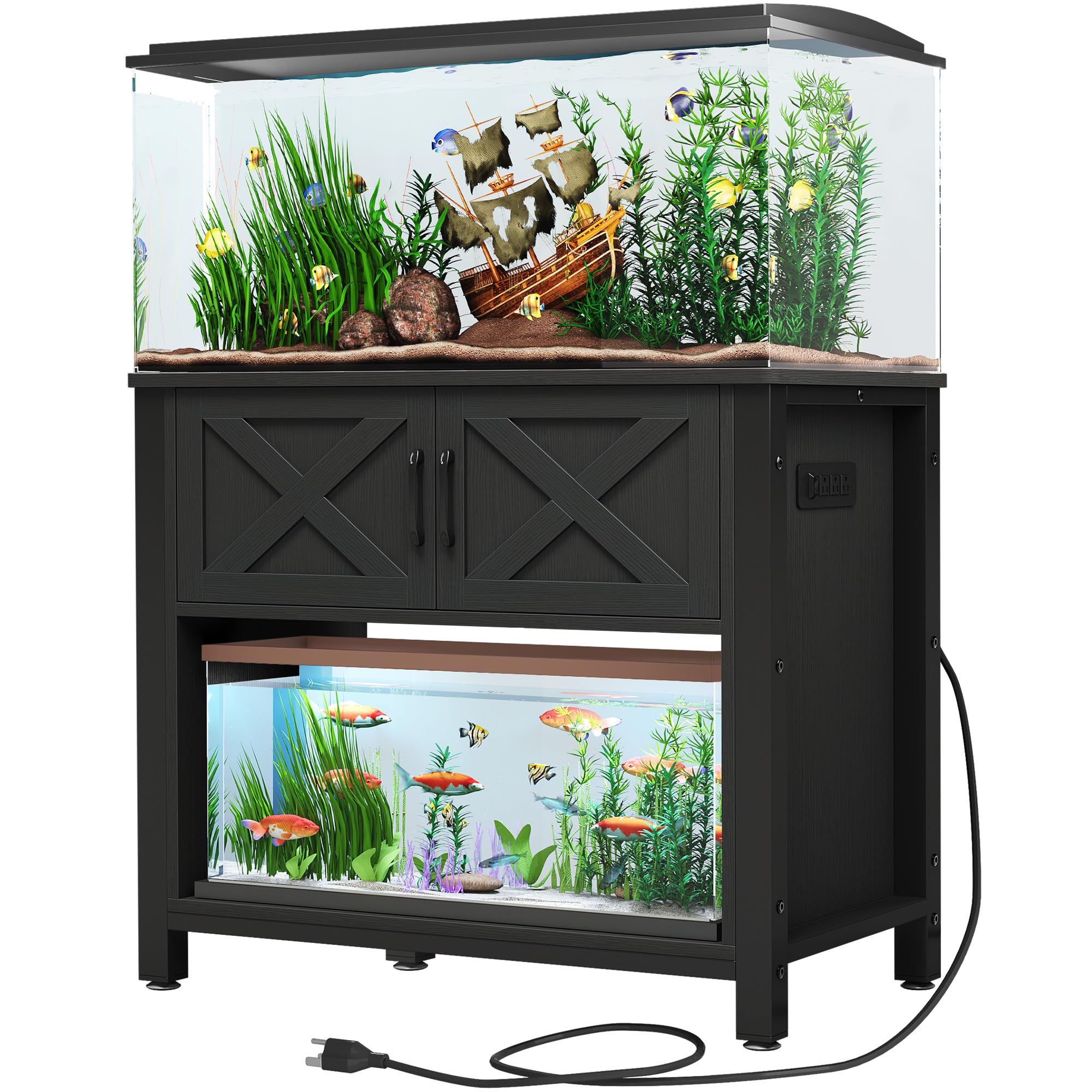 Heavy Duty Metal Aquarium Stand with Power Outlets & Storage Cabinet - 40-50 Gallon Fish Tank Stand for Turtle/Reptile Terrariums (660LBS Capacity, Black) | Perfect for Home, Office & Pet Store Displays