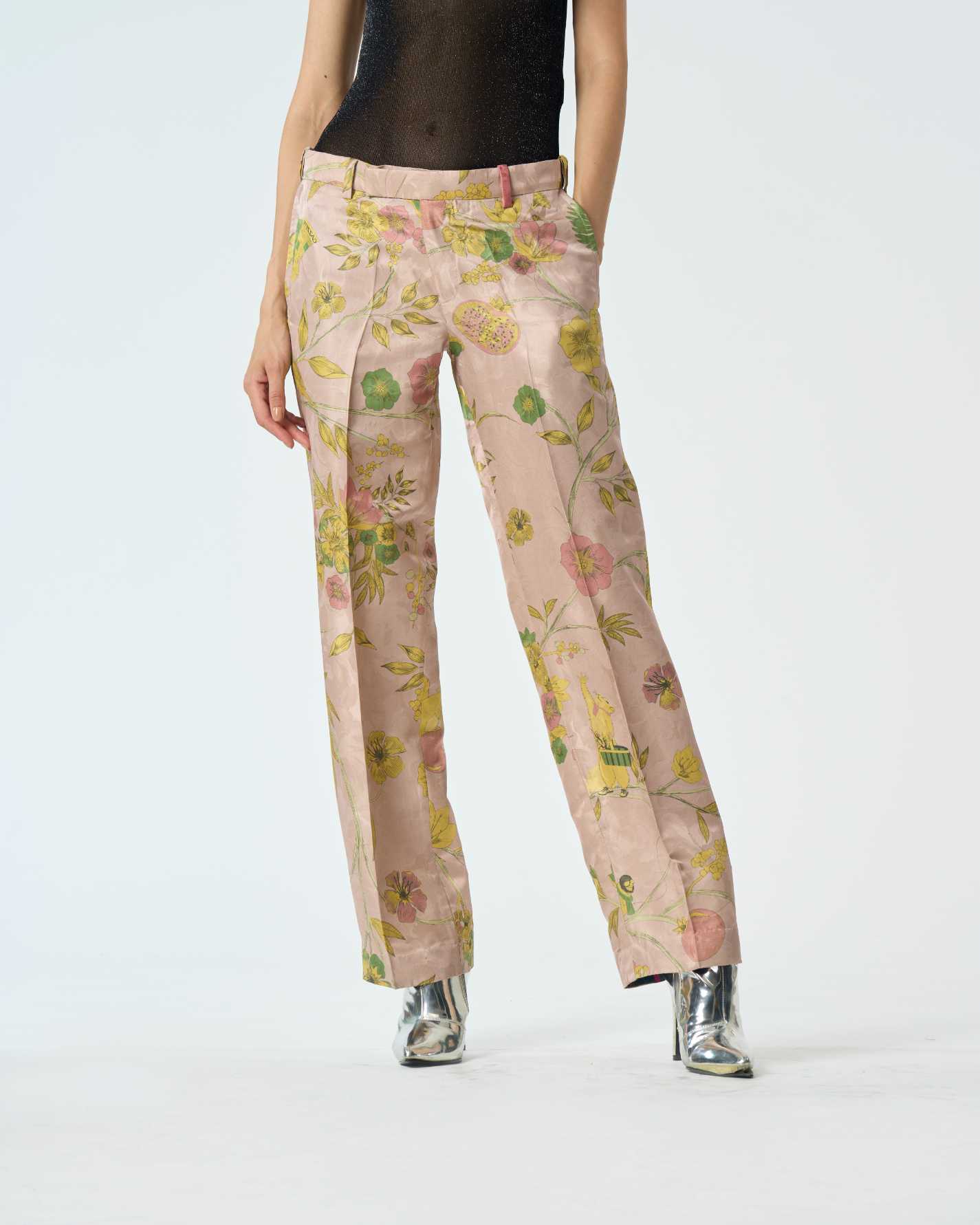 Champagne Pink Silk Damask Straight Fit Trousers for Women - Elegant Formal Pants for Office, Evening Events & Special Occasions