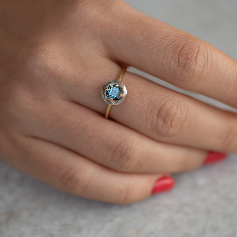 Exquisite Asscher Cut Teal Sapphire Diamond Sphere Ring - Unique Handmade Jewelry for Weddings, Anniversaries & Special Occasions