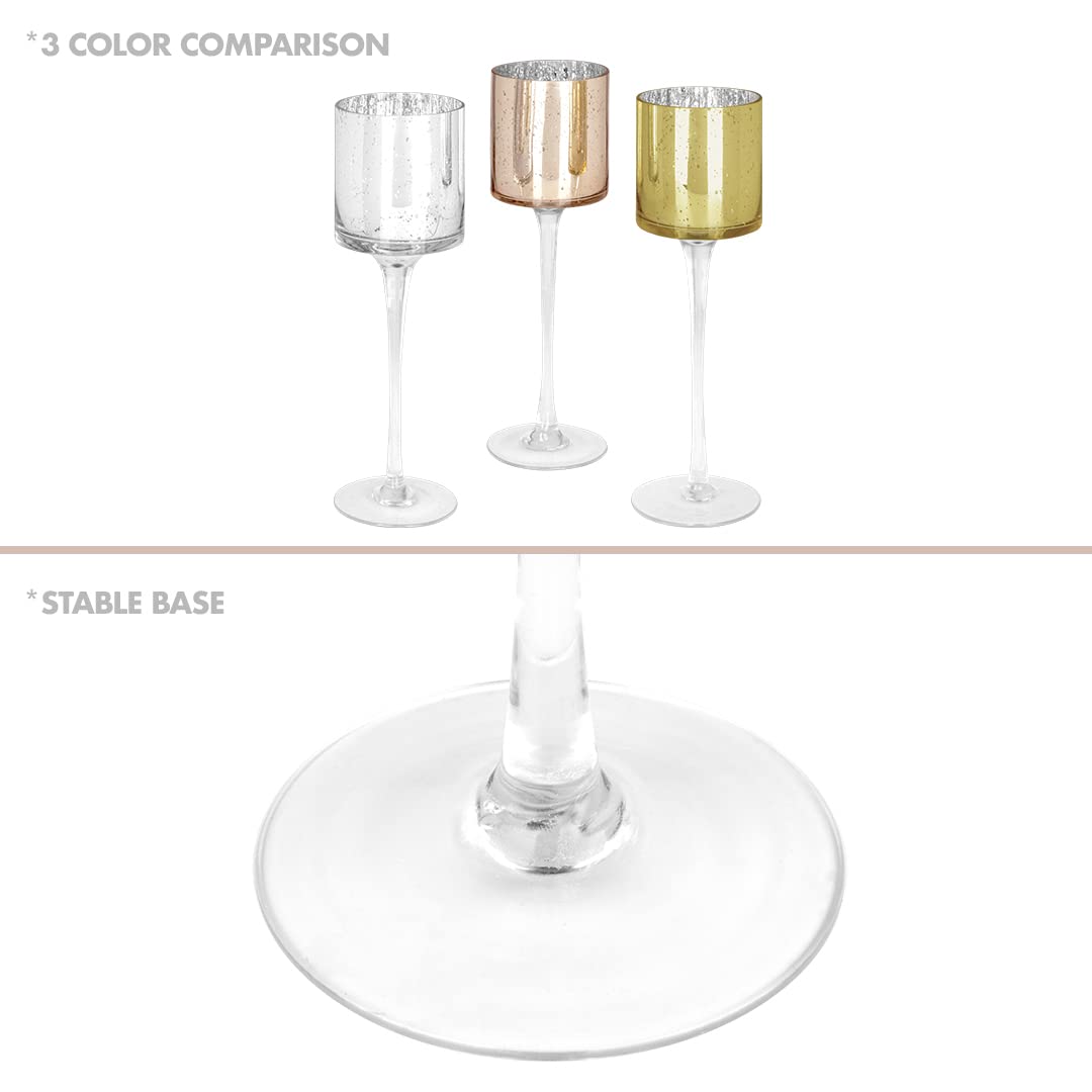 Rose Gold Candle Holder Set of 3 - Long Stem Glass Floating Candle Holders for Table Centerpiece, Wedding, Home Decor & Romantic Ambiance | Tall Tealight Candle Holders in Elegant Rose Gold Finish