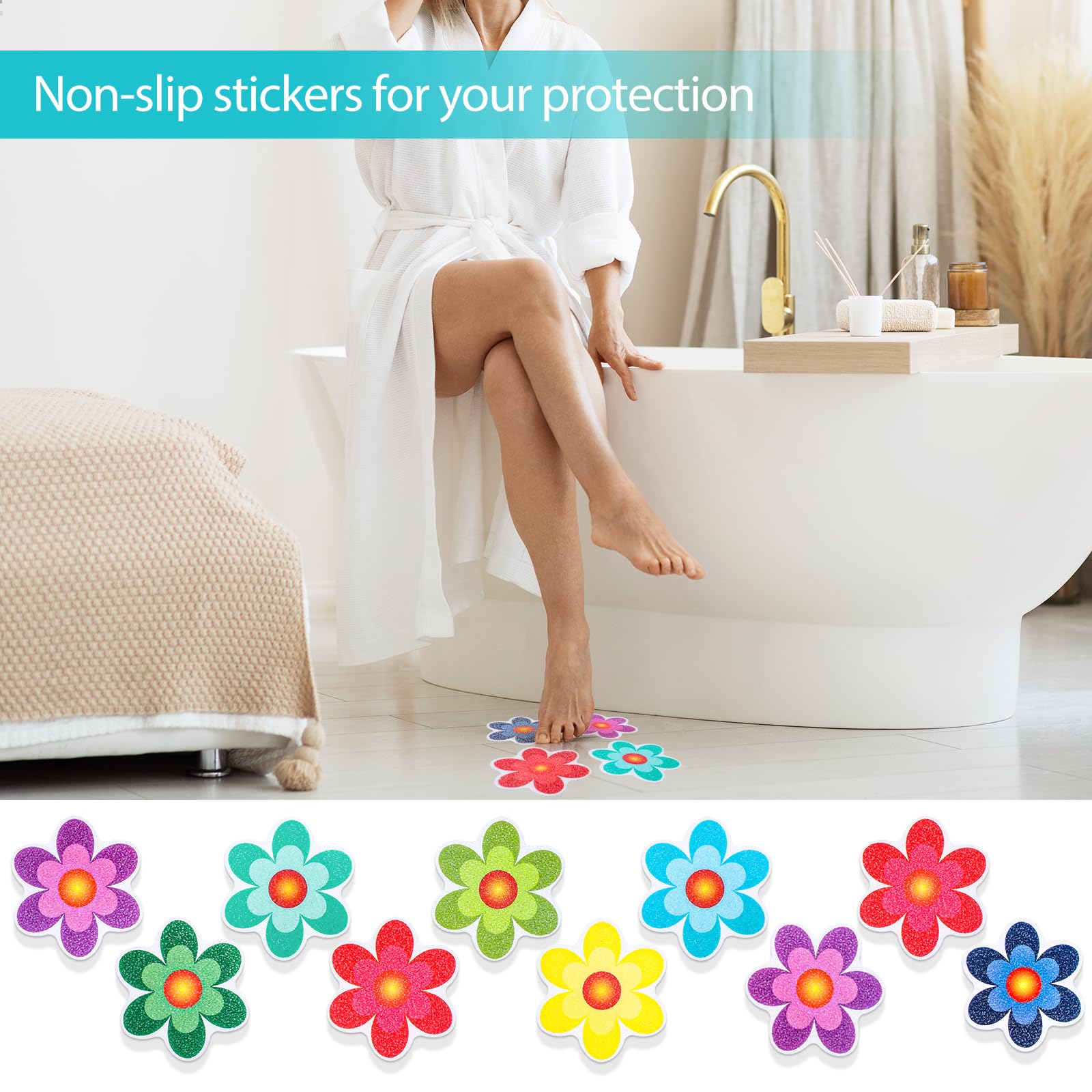 10PCS Non-Slip Bathtub Stickers - Colorful Sunflower Shower Safety Strips with Adhesive Backing & Scraper | Anti-Skid Bath Mat Tape for Floor & Tub | Perfect for Kids, Elderly & Wet Bathroom Safety