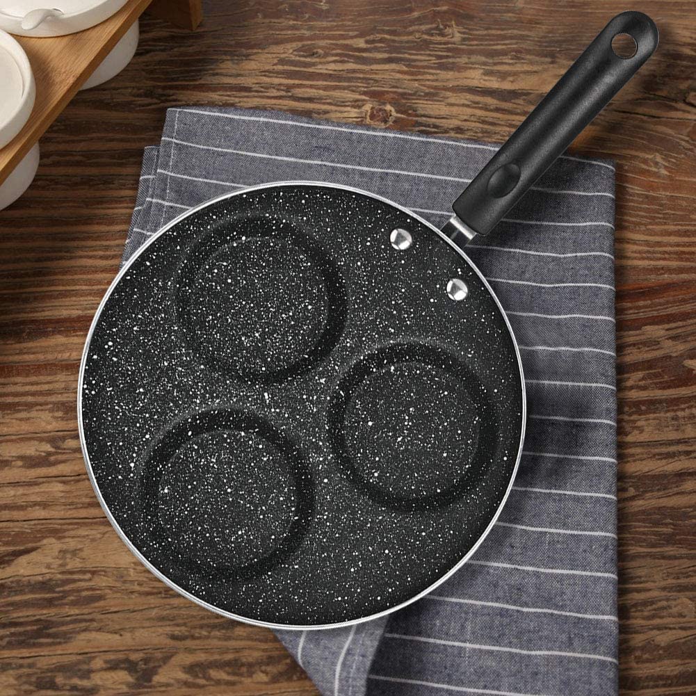 Nonstick 3-Hole Egg Frying Pan - Round Omelet Burger Pancake Pan with Non-Stick Coating | Perfect for Home Kitchen, Breakfast Cooking & Camping Trips | Durable Cookware for Eggs, Pancakes & Sandwiches