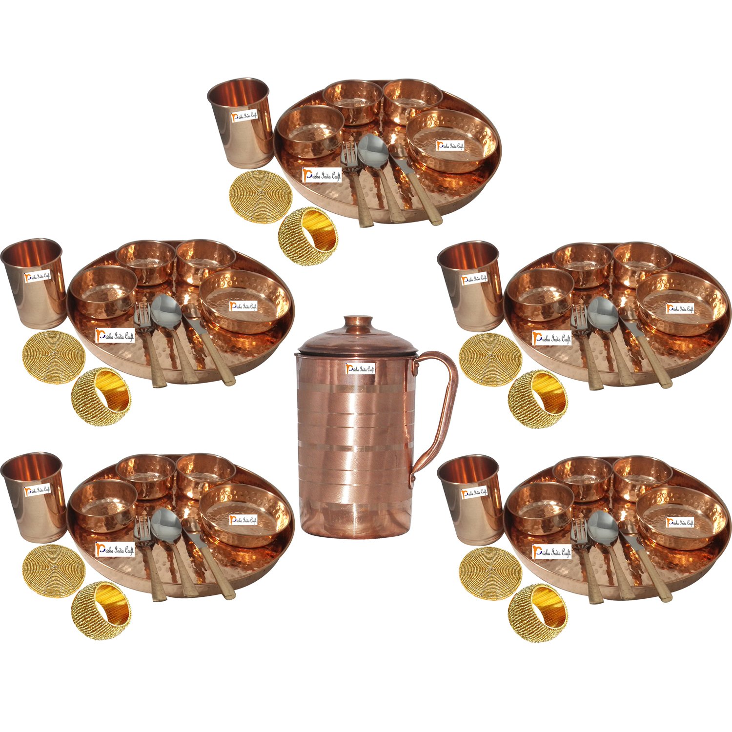 Prisha India Craft® 5-Piece Handmade Pure Copper Traditional Indian Thali Dinner Set - 12
