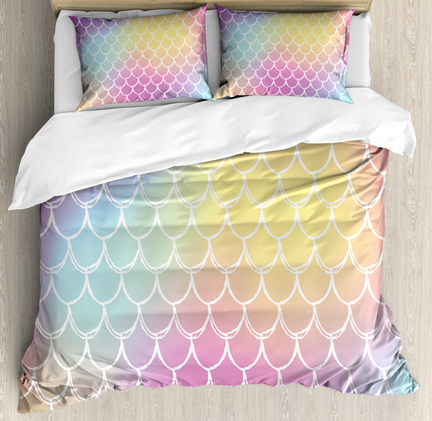Ambesonne Mermaid Tail Duvet Cover Set - Queen Size 3-Piece Bedding with Fish Scale Design & Vivid Gradient Colors, Includes 2 Pillow Shams - Perfect for Coastal, Nautical or Fantasy Themed Bedrooms