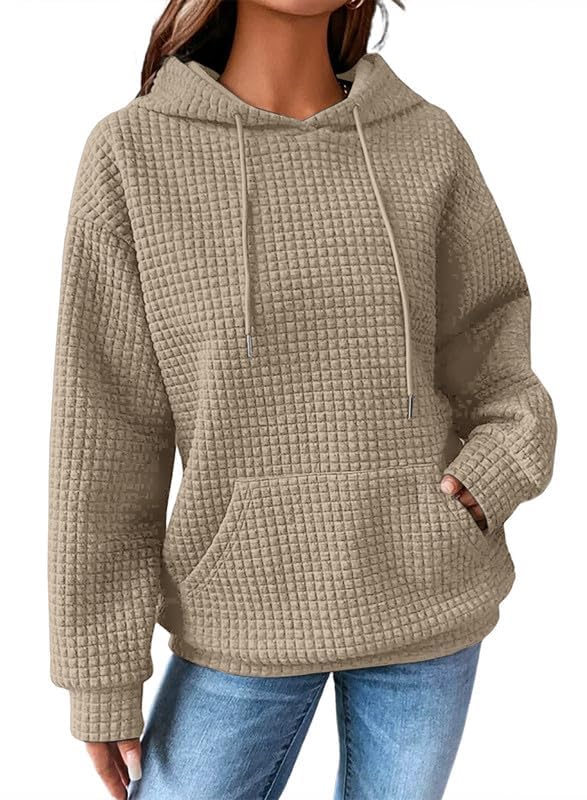 SHEWIN Women's Casual Long Sleeve Waffle Pullover Hoodie with Drawstring & Pocket - Loose Fit Hooded Sweatshirt for Everyday Wear, Lounge & Outdoor Activities