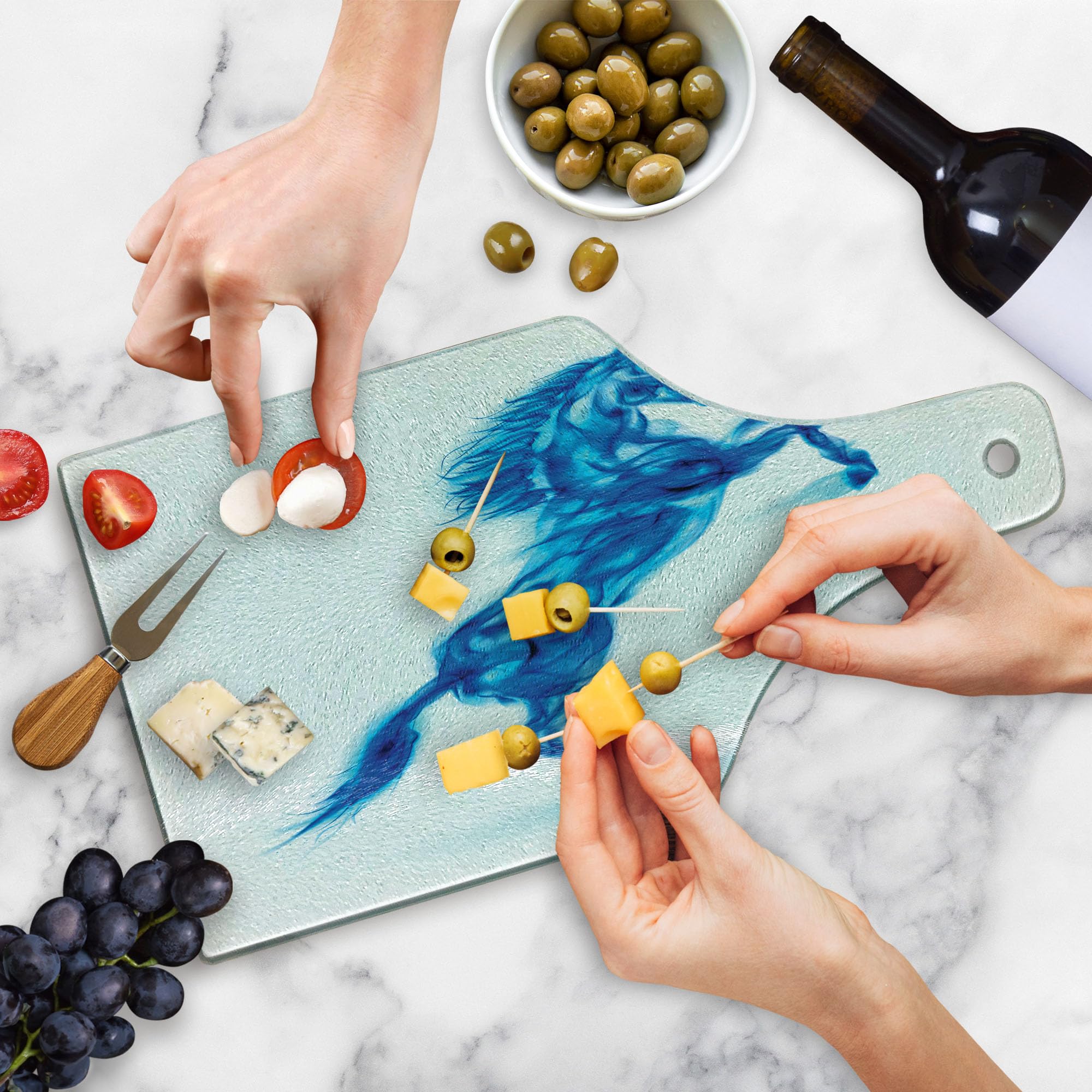 Ambesonne Horses Themed Tempered Glass Cutting Board - Gallop Animal Motif, Dark Blue & White Decorative Serving Board with Wine Bottle Shape - Perfect for Kitchen Use, Charcuterie Display, and Wine & Cheese Parties