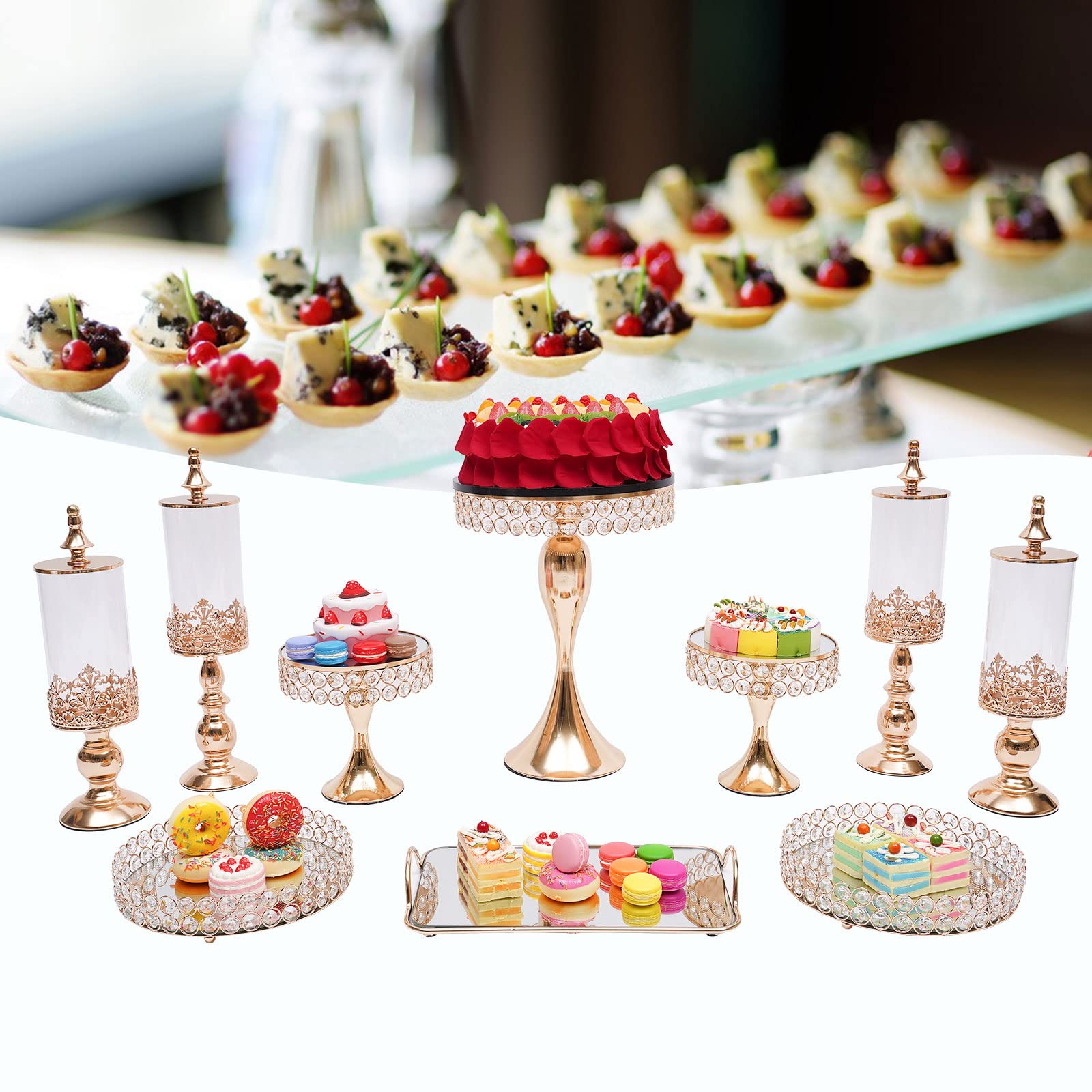 10-Piece Gold Metal Crystal Cake Stand Set for Wedding, Birthday & Dessert Tables - Acrylic Mirror Cupcake Stands & Pastry Trays for Party Celebrations | Elegant Display for Cakes, Cupcakes, Macarons & Pastries