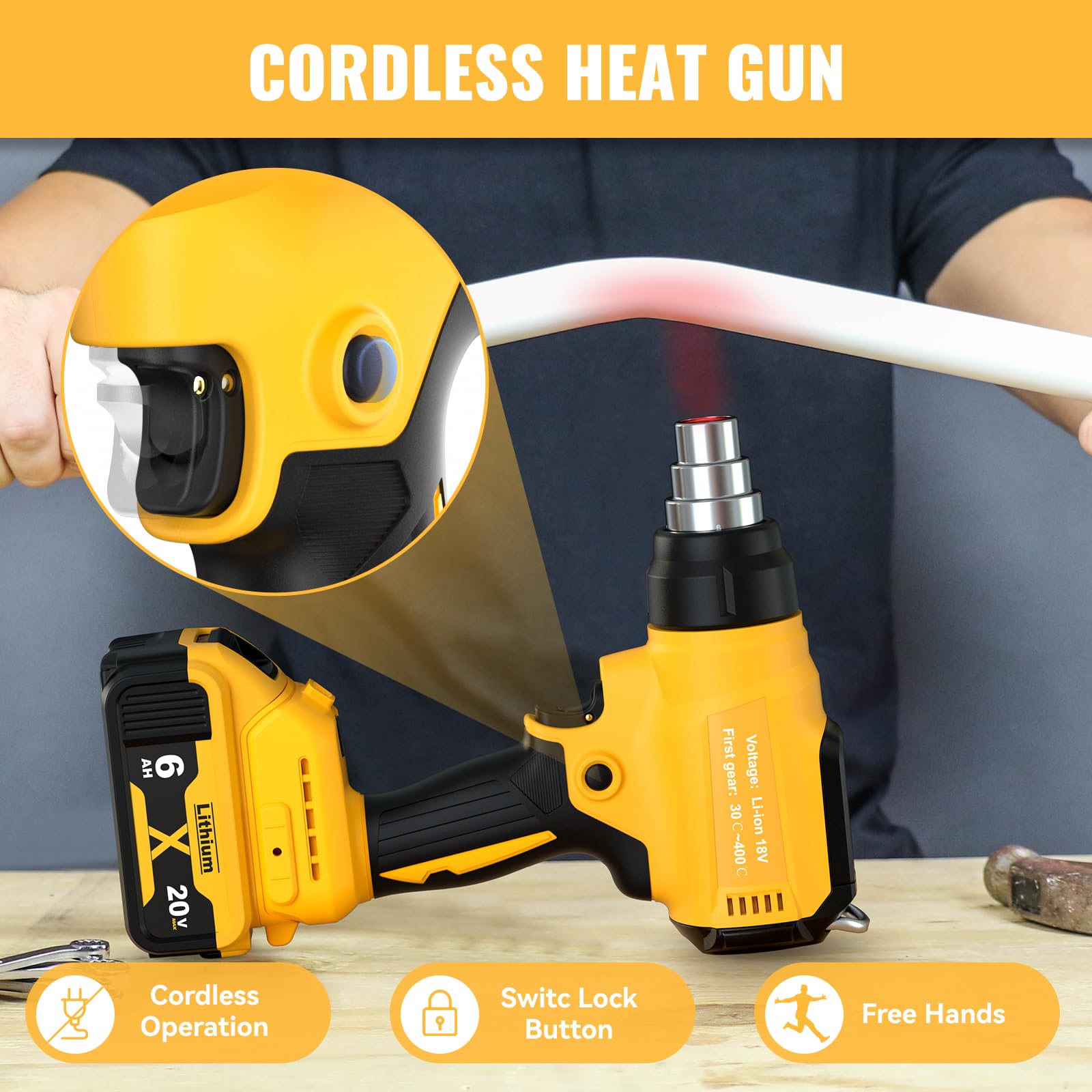 DeWalt 20V Cordless Heat Gun - 350W Fast Heating Soldering Tool with LED Light, 122°F-1022°F Adjustable Temperature & 4 Nozzles - Perfect for Crafts, Shrink Wrapping, DIY Projects (Battery Not Included)