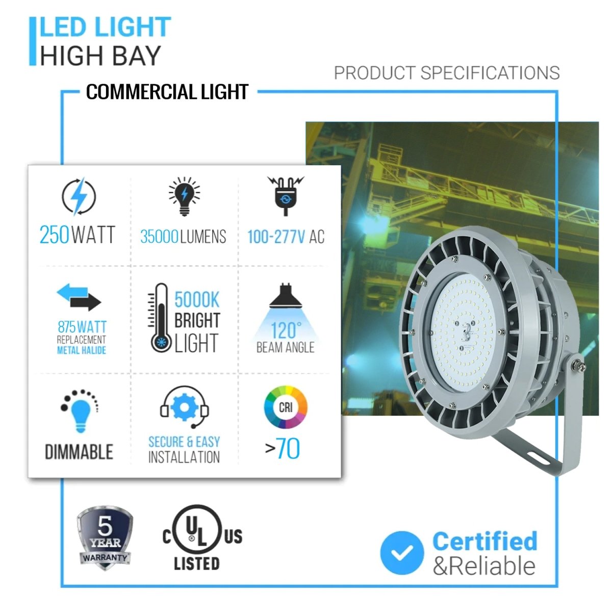 250W LED Explosion Proof Light B Series - Dimmable 5000K 35000LM AC100-277V IP66 - Safe Lighting for Oil & Gas Refineries, Drilling Rigs & Petrochemical Plants - Perfect for Hazardous Areas, Industrial Facilities & Outdoor Use in Extreme Conditions