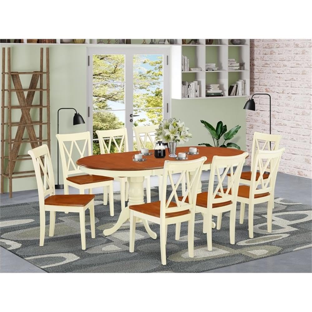 East West Furniture Oval Dining Table Set with 18 Leaf Extension & Double X Back Chairs - 9 Piece Asian Hardwood Dining Set in Buttermilk and Cherry Finish - Perfect for Family Gatherings, Dinner Parties & Formal Dining Rooms