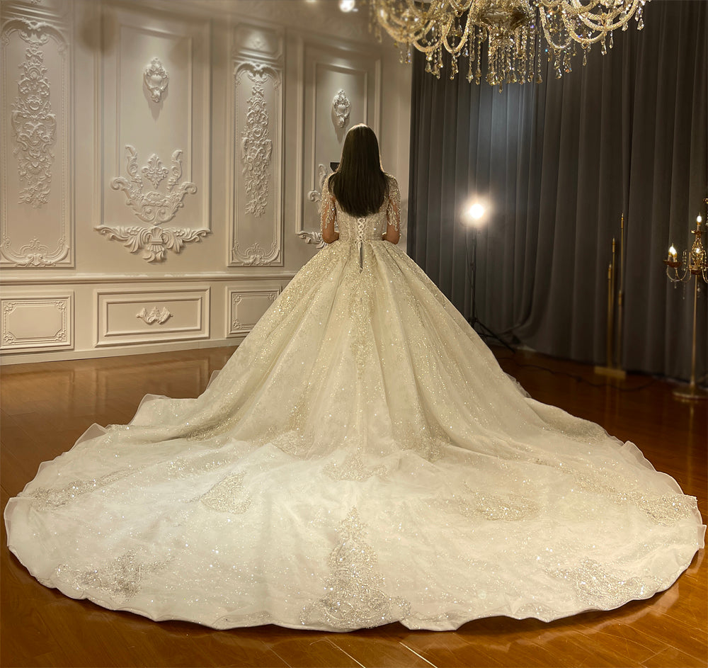 Elegant Long Train Wedding Dress with Lace Detailing - Perfect for Bridal Gowns, Formal Events & Romantic Ceremonies