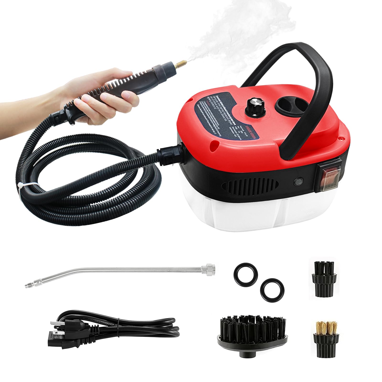 2500W Handheld Steam Cleaner with 3 Brush Heads - Portable Pressurized Steam Cleaner for Home, Car, Kitchen, Bathroom & Furniture - Perfect for Deep Cleaning Floors, Upholstery, Tiles & More - Red
