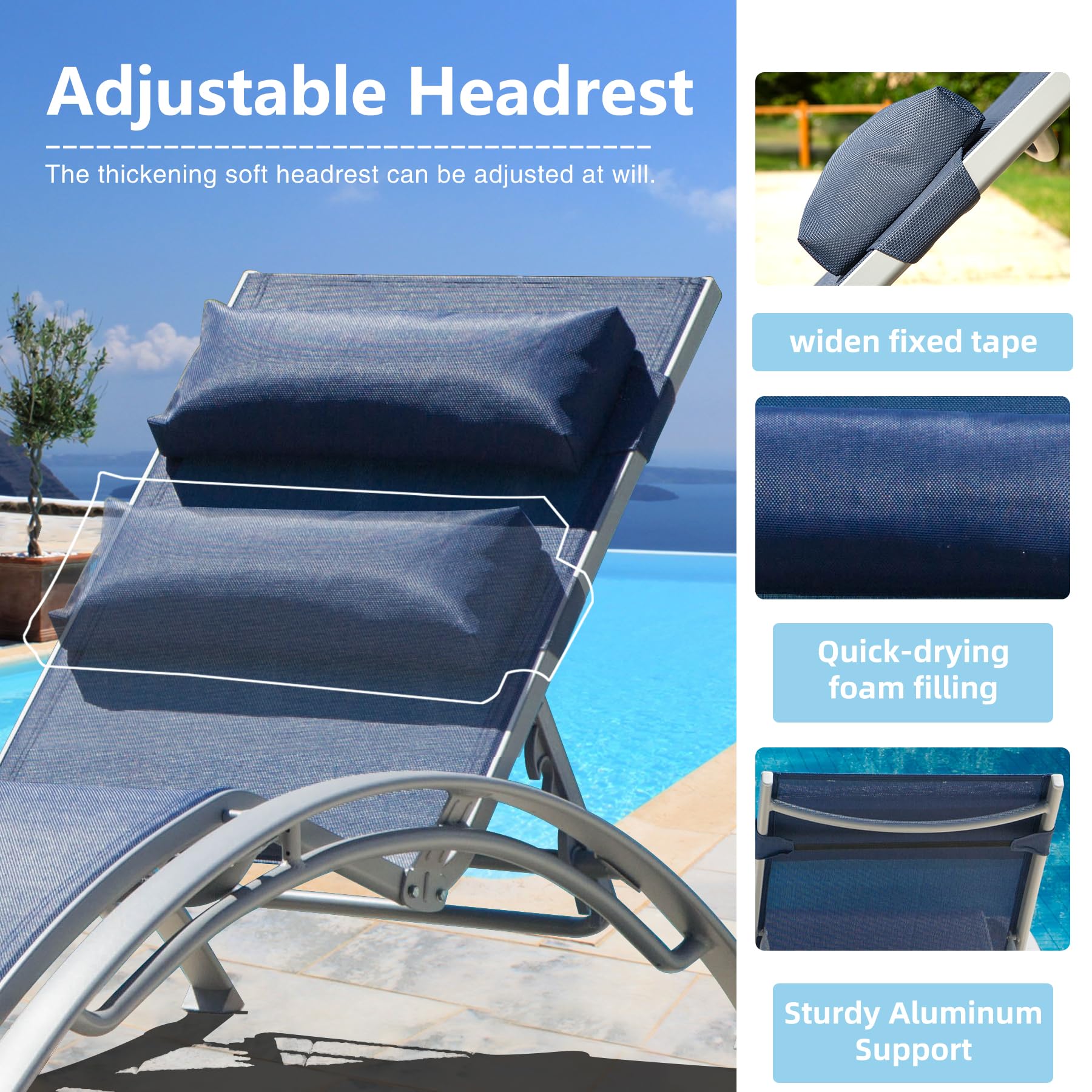 Domi 2-Pack Adjustable Aluminum Pool Lounge Chairs - All-Weather Outdoor Chaise Lounge Set for Deck, Lawn & Poolside - Navy Blue Textilene Fabric - Perfect for Sunbathing, Relaxing by the Pool or Backyard Lounging